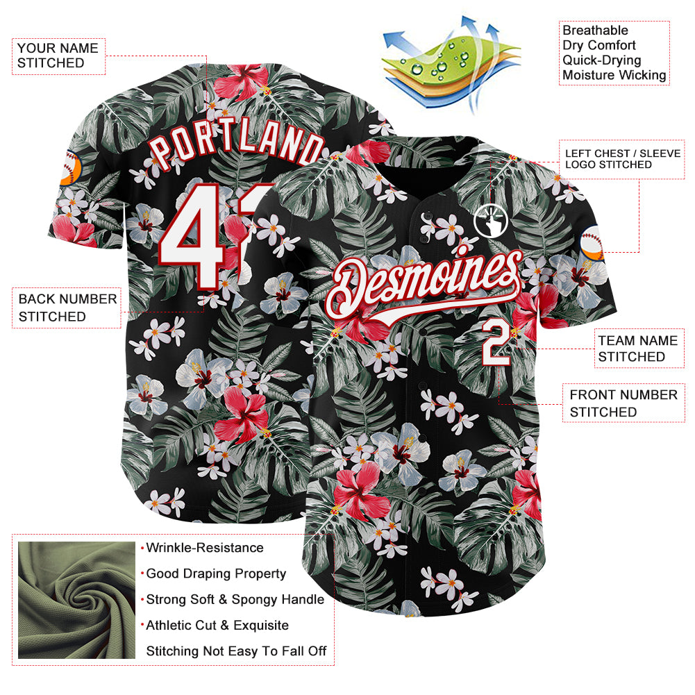 Custom Black White-Red 3D Pattern Design Tropical Hawaii Plant Authentic Baseball Jersey