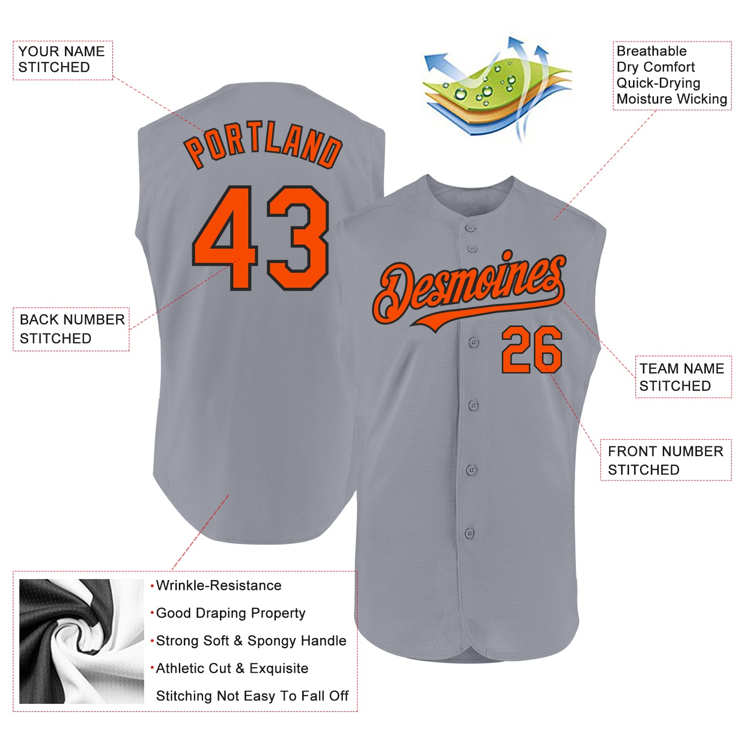 Custom Gray Orange-Black Authentic Sleeveless Baseball Jersey