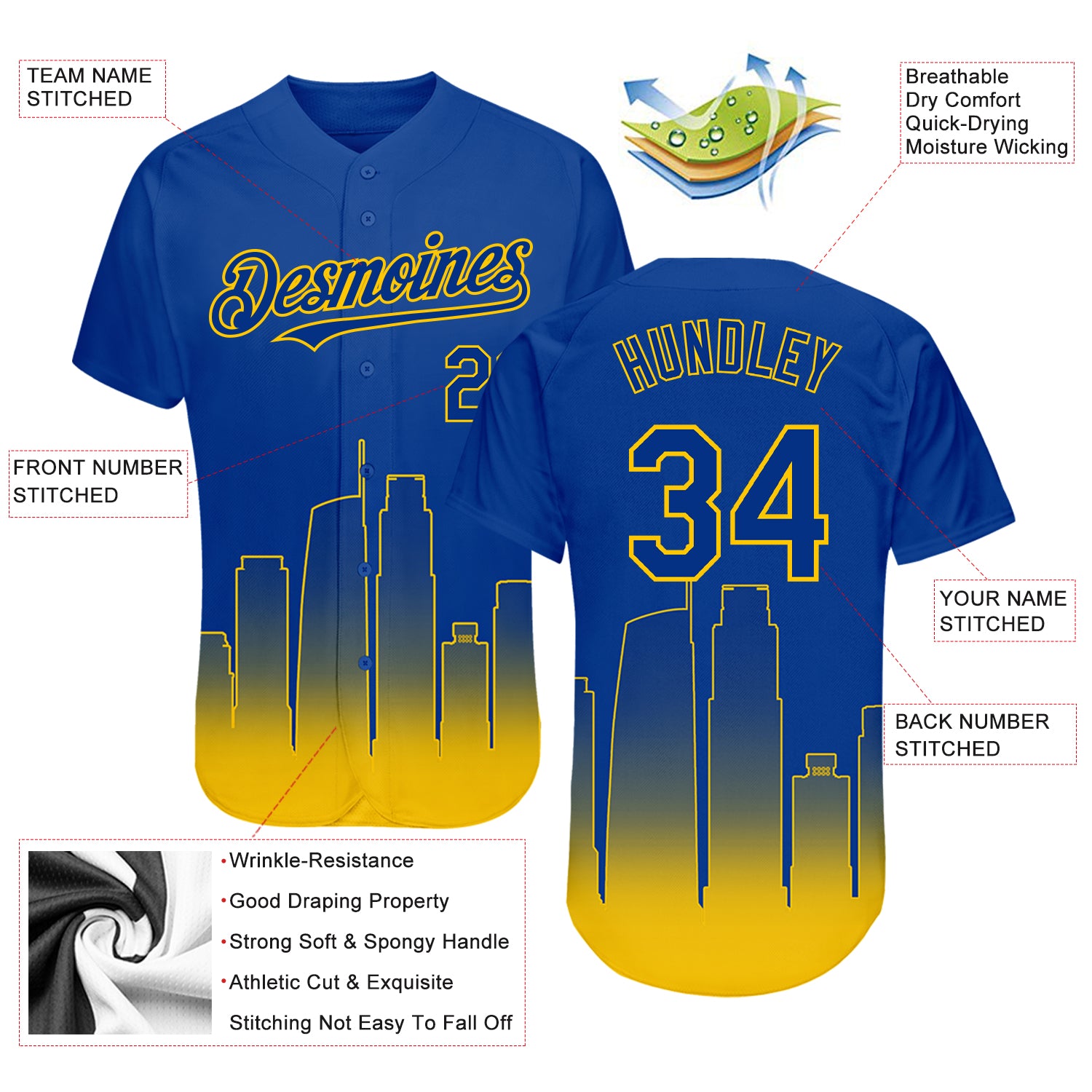 Custom Royal Yellow 3D Los Angeles City Edition Fade Fashion Authentic Baseball Jersey