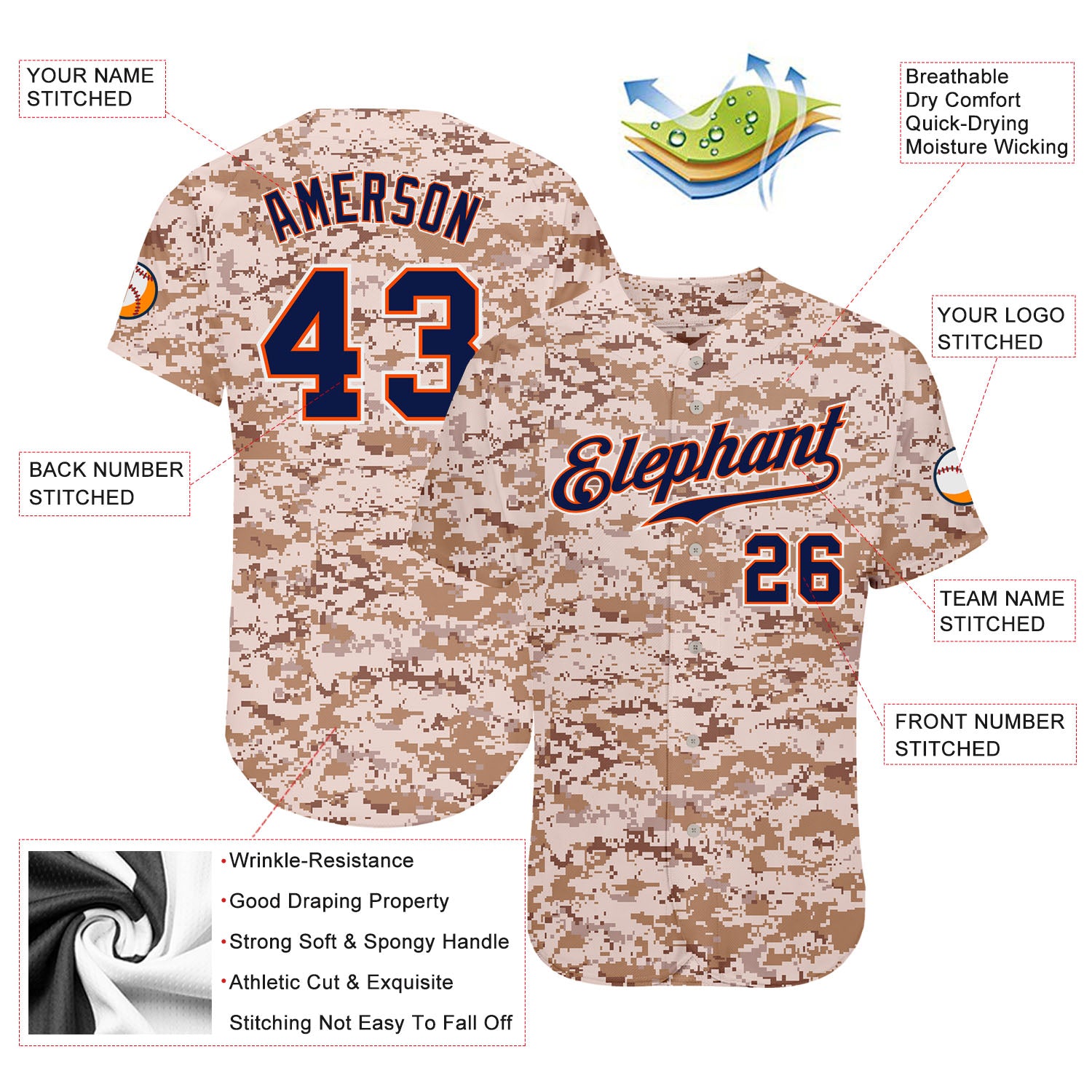 Custom Camo Navy-Orange Salute To Service Baseball Jersey