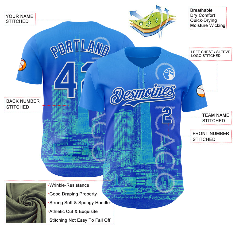 Custom Blue Thunder Blue-White Chicago Illinois Cityscape Skyline City Symbol Authentic Baseball Jersey